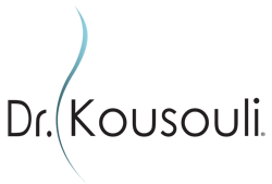 chiropractor hypnotherapist Dr. Kousouli Logo with Dr. Kousouli in thin black type. There is a light blue top to darker blue towards bottom thin faded flame located between the Dr. and the Kousouli which distinguishes the mark.